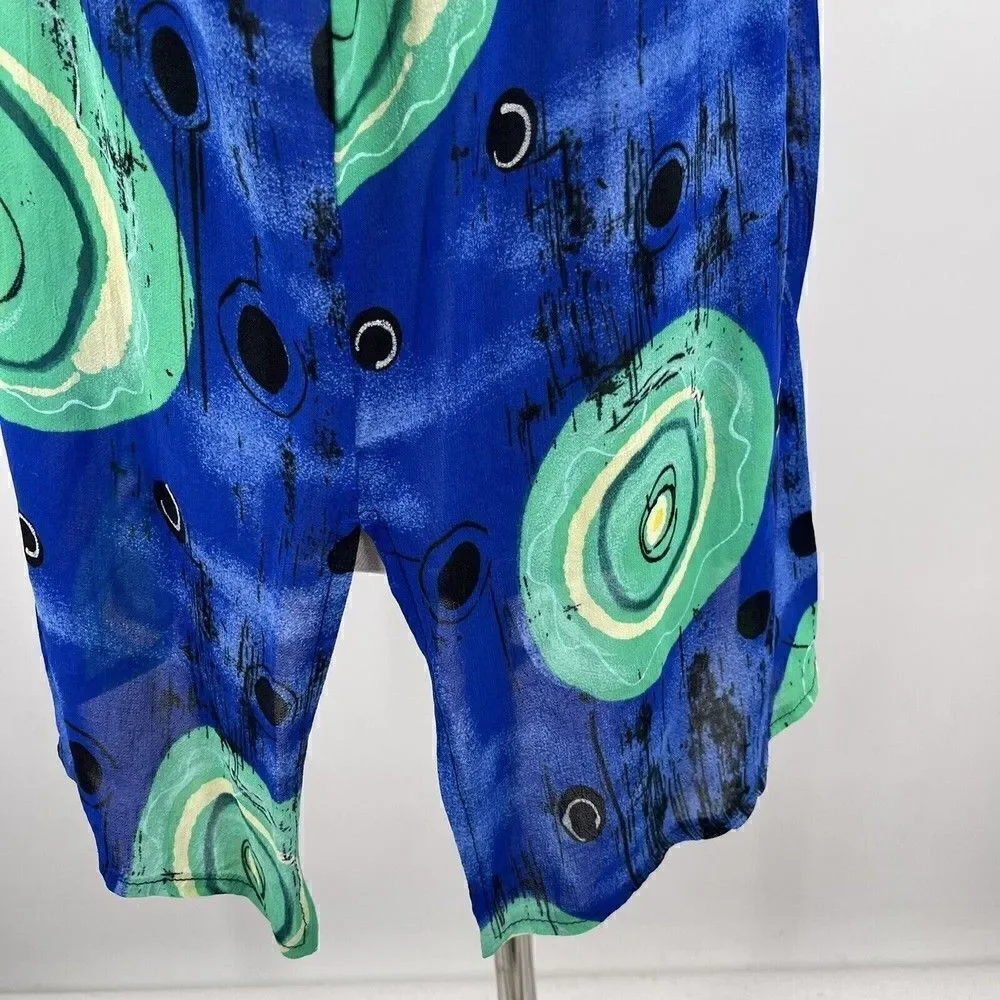 Dadier Parakian womans top S long sleeve button up silky geometric print blue